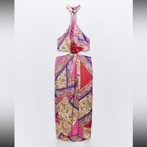 Zara Pink, Red & Blue Paisley Halter Dress